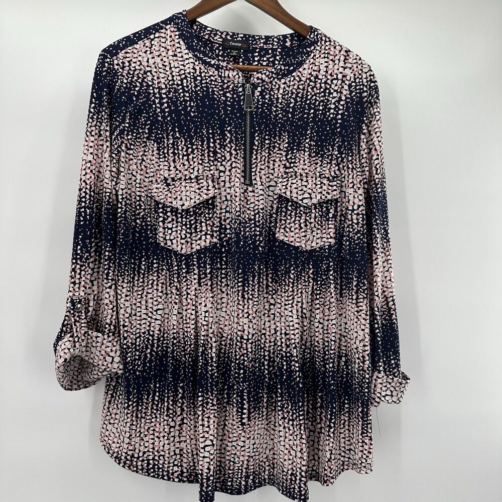 Cocomo Blouse Top Womens 1X Blue Pink Career Office Slinky Blouse Zipper
